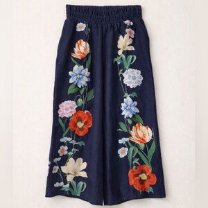 Anthropologie Somerset Pull-On Wide Leg Pants XS Navy Floral Cotton Linen Boho